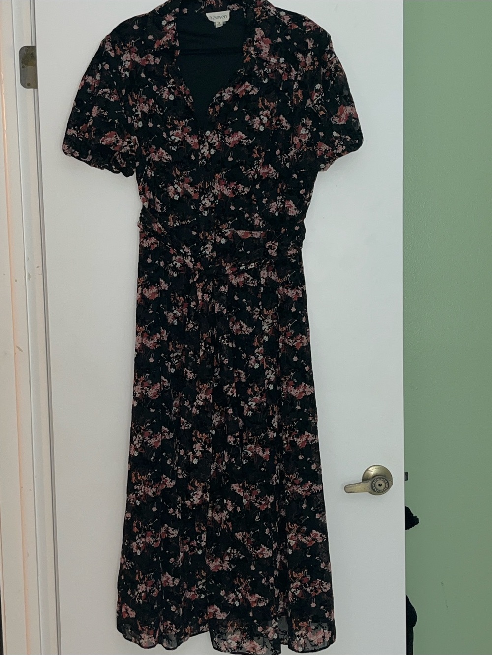 Black Floral Midi Dress with Pink Accents